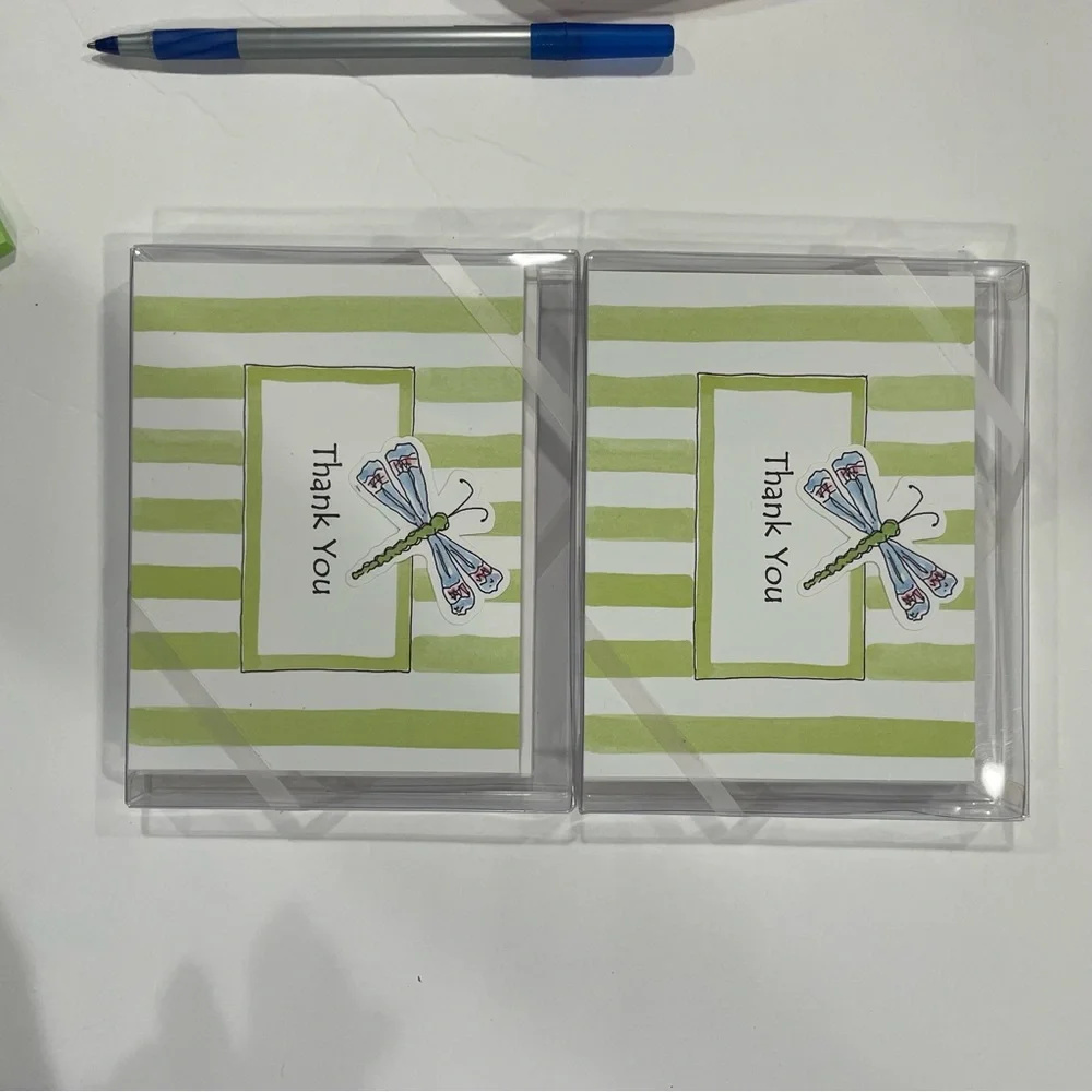 Cute Green white striped dragonfly notecards new in box 2 sets of 10 4.25 x 5.5”